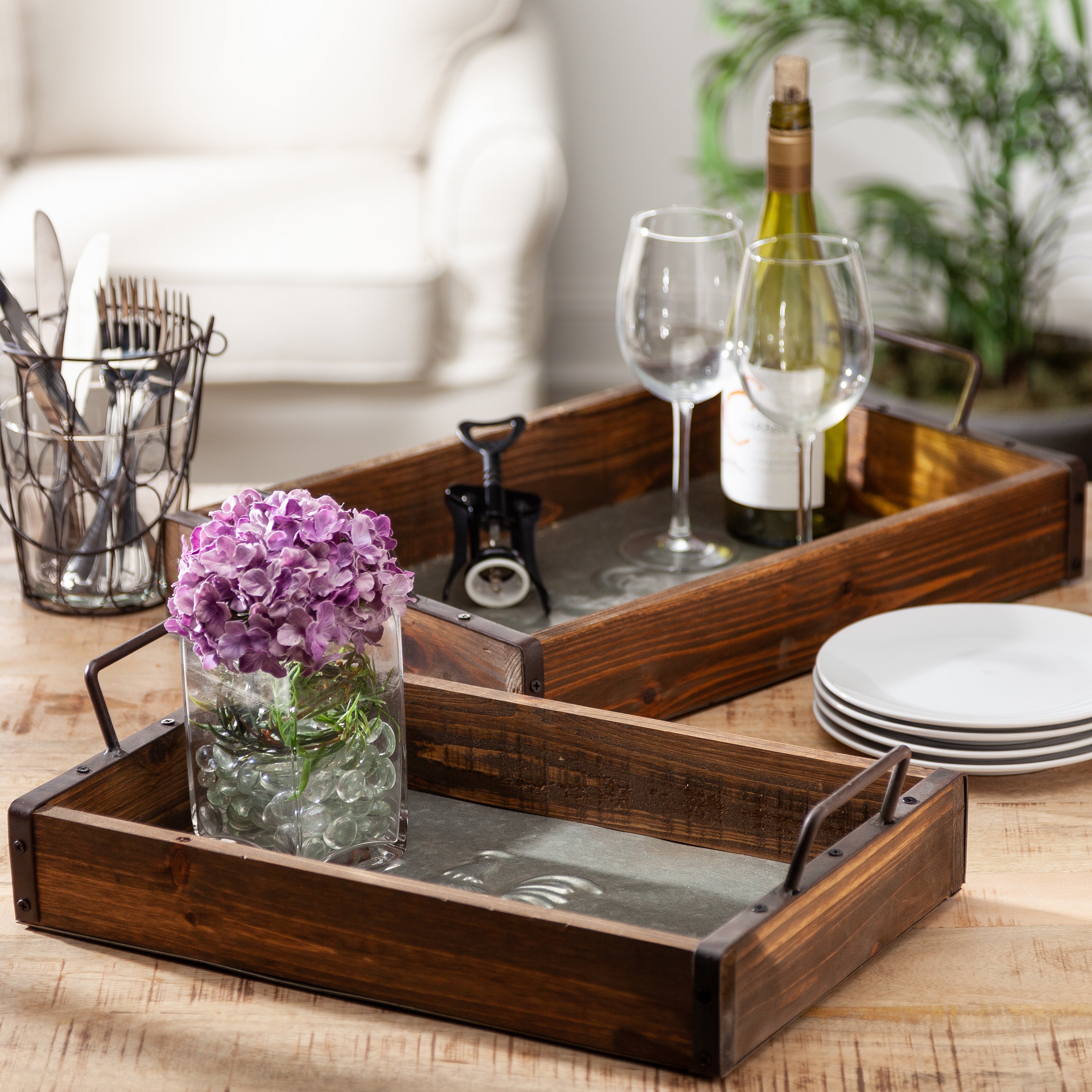 Rustic Farmhouse Set of 2 Metal and Wood Decorative Trays